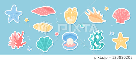 Underwater marine creatures and plants set. Cartoon diverse colorful seashells, corals, kelp, starfish. Ocean reef life aquatic elements isolated on blue. Cute underwater art. 123850205