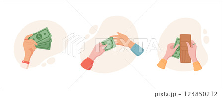 Hand hold money and wallet in cartoon set. Cash, banknote, and payment concept, isolated exchange visuals. Perfect for illustrating financial themes economy related designs. Hand hold money and wallet in cartoon set. Cash, banknote, and payment concept, isolated exchange visuals. Perfect for illustrating financial themes economy related designs. 123850212