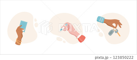 Hand give and receive various items in cartoon graphic style. Symbol of gesture and exchange, showcasing human interaction hold. Flat icon set for diverse concepts, ideal for educational materials 123850222