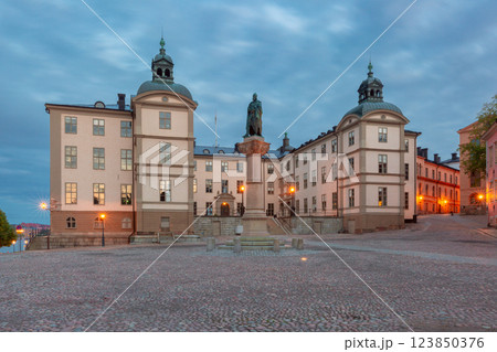 Wrangel Palace and statue at dusk, Stockholm, Sweden 123850376