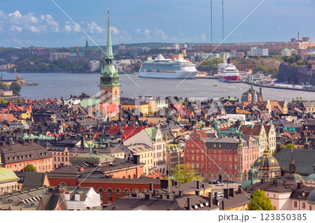 View of the old historical district of Stockholm with ships, Sweden 123850385