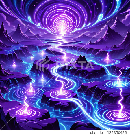 Purple Vortex and Glowing Streams in Fantasy Landscape 123850426