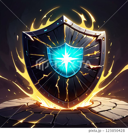 Cracked Shield with Glowing Star and Fire 123850428