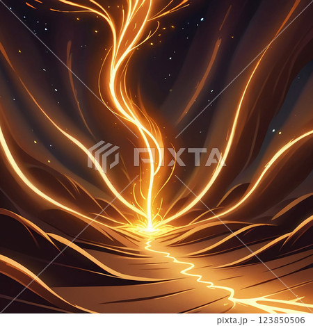 A digital illustration of a dark landscape with glowing, yellow light streaks radiating outward from a central point, creating a wavelike pattern. 123850506