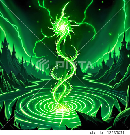 A luminous green vine, spiraling upwards, is surrounded by a glowing green pool with concentric ripples, set against a backdrop of dark, jagged mountains and an ethereal green sky. 123850514