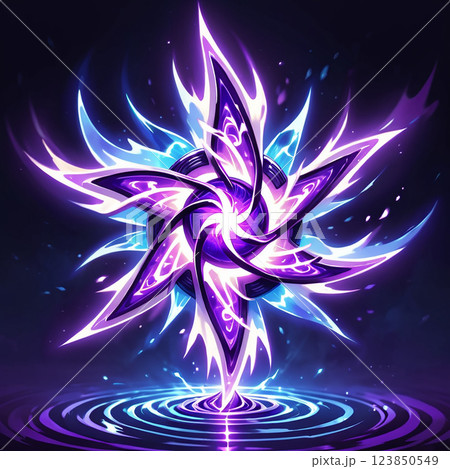 A glowing, swirling starburst symbol in shades of purple and blue is depicted on a dark background. The symbol appears to be radiating energy, with glowing tendrils extending outwards. It casts a refl 123850549