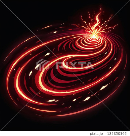 An abstract image depicts a fiery vortex with radiating lines of red and orange light emanating outward from a central glowing point. 123850565
