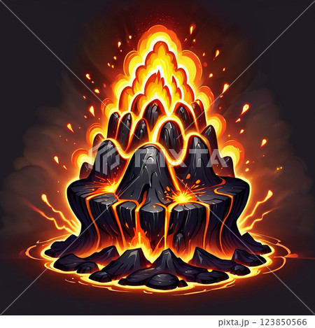 A digital illustration depicting a volcanic eruption with molten lava flowing down the sides of the volcano and creating a pool of lava at the base. 123850566