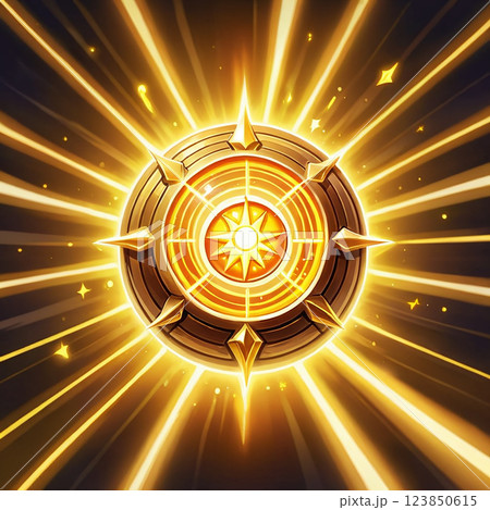 A golden compass with a central star emitting light, surrounded by radiating lines and small glowing stars. A golden compass with a central star emitting light, surrounded by radiating lines and small glowing stars. 123850615