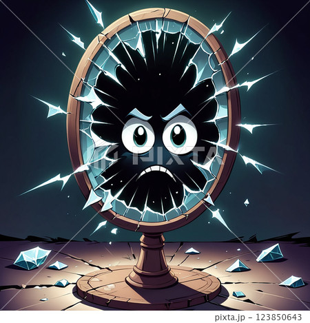 A cracked oval mirror with a wooden frame stands on a wooden base. Inside, a dark, shadowy figure with a large, angry face and white eyes emerges from the broken glass. Blue shards scatter around the 123850643