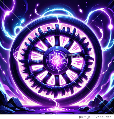 A large, metallic wheel with intricate spokes glows with a vibrant purple and blue light. It hovers over a rocky, swirling landscape, radiating an aura of power and magic. 123850667
