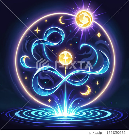 A glowing orb with swirling blue energy, surrounded by a ring of stars and crescent moons, emits a bright light in a swirling pattern. The orb rests on a circular platform with concentric blue rings. 123850683