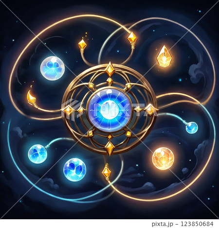 A golden orb with a blue gem in the center surrounded by five glowing orbs connected by golden strings against a dark, starry background. 123850684