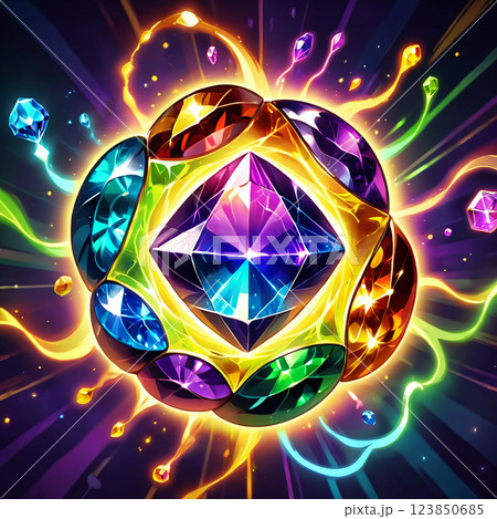 A glowing golden orb encased with vibrant gemstones emanates powerful energy, with smaller gems swirling around it. 123850685