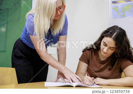 先生と一緒に勉強をする女の子 123850739