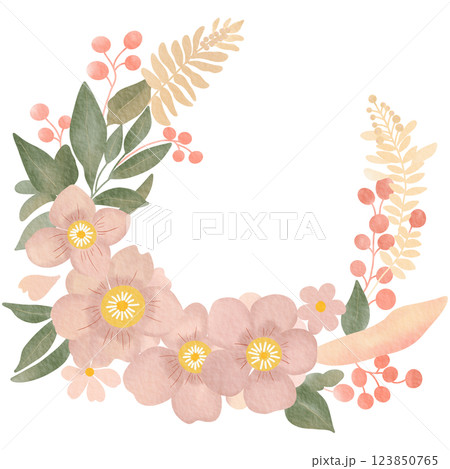 A delicate floral wreath illustration featuring soft pastel pink flowers, green leaves, and beige ferns. 123850765