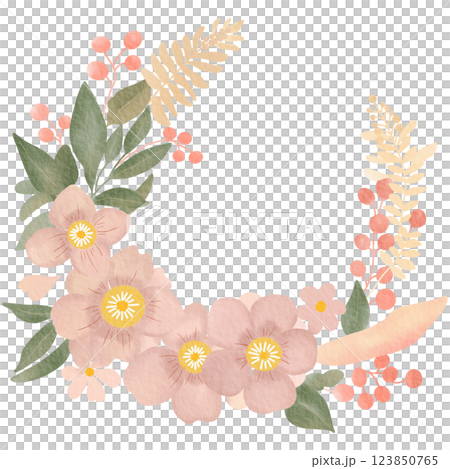 A delicate floral wreath illustration featuring soft pastel pink flowers, green leaves, and beige ferns. 123850765