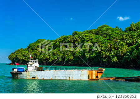 Dredging boat at Ile Royale, the Salvation Islands in French Guiana, South America Dredging boat at Ile Royale, the Salvation Islands in French Guiana, South America 123850852