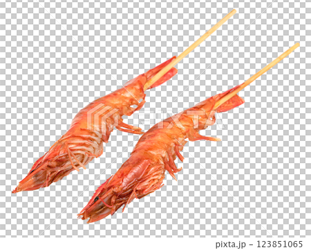 roasted prawn with skewer isolated. grilled shrimp 123851065