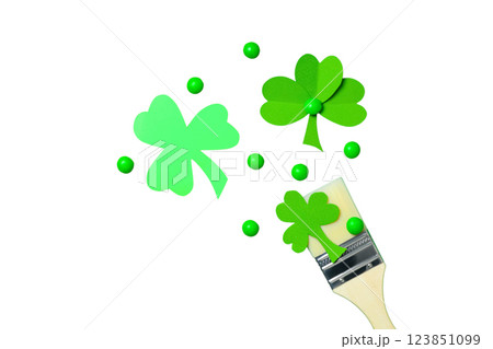 Patrick`s day, green clover leaves, peas and brush isolated on white background, top view, PNG 123851099