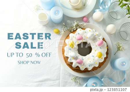 Easter, 50% off until Easter, with Easter cupcake, on a white background 123851107
