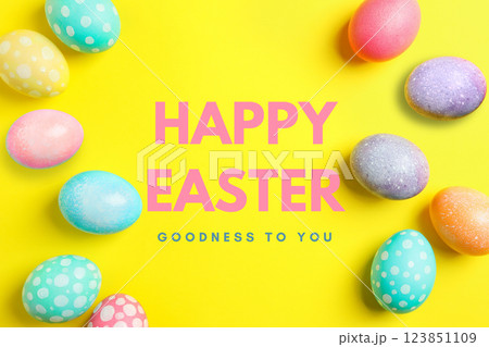 Easter, text: "Happy Easter" with eggs, on a yellow background Easter, text: "Happy Easter" with eggs, on a yellow background 123851109