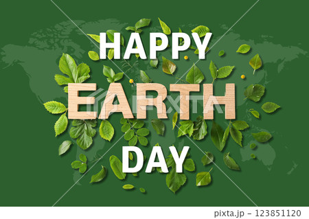 Earth Day, continents, leaves and text on green background, top view 123851120