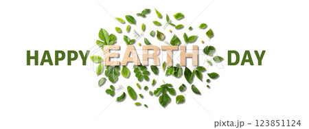 Earth Day, green leaves and text on white background, top view 123851124