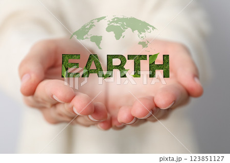 Earth Day, word Earth made of grass in hands on light background, close up Earth Day, word Earth made of grass in hands on light background, close up 123851127