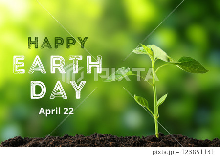 Earth Day, sprout on green background, with text 123851131