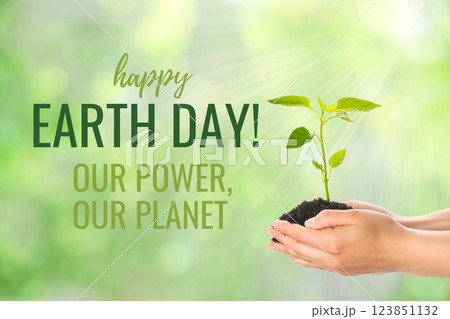 Earth Day, green sprout in hands on green background, with text Earth Day, green sprout in hands on green background, with text 123851132