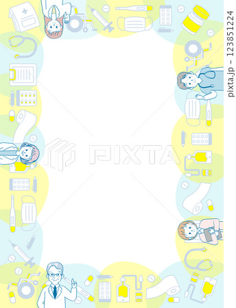シンプルな医療器具のアイテムイラストフレーム＿ブルーイエロー系の囲み飾りと医療従事者の人物 123851224