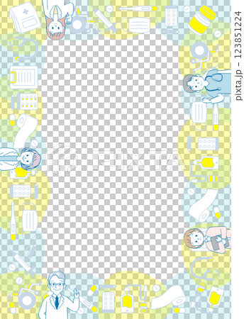 シンプルな医療器具のアイテムイラストフレーム＿ブルーイエロー系の囲み飾りと医療従事者の人物 123851224