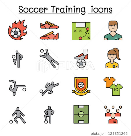 Soccer training, football club icon set in colorline style Soccer training, football club icon set in colorline style 123851263