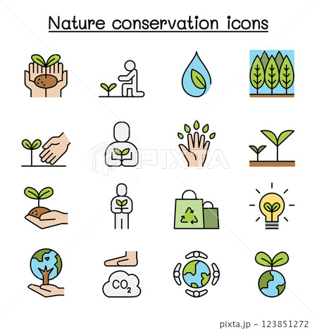 Eco friendly, nature conservation, environmentalist icon set in colorline style 123851272
