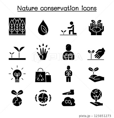 Eco friendly, nature conservation, environmentalist icon set in glyph style Eco friendly, nature conservation, environmentalist icon set in glyph style 123851273