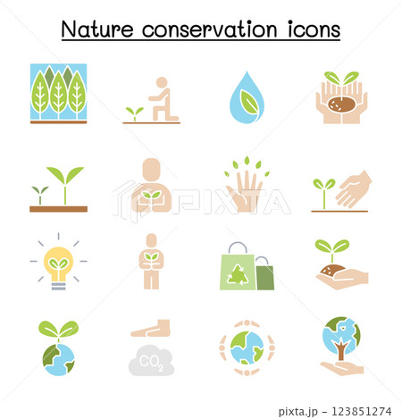 Eco friendly, nature conservation, environmentalist icon set in flat color style Eco friendly, nature conservation, environmentalist icon set in flat color style 123851274
