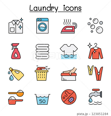 Laundry icon set in colorline style Laundry icon set in colorline style 123851284