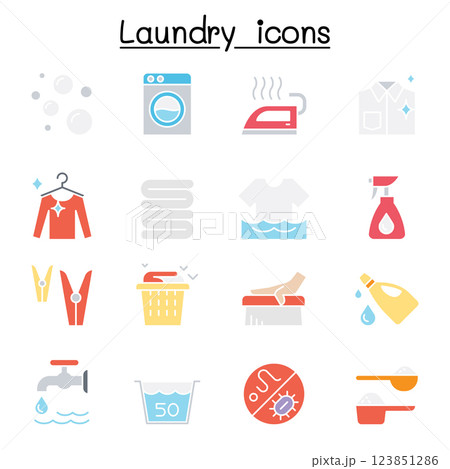 Laundry icon set in thin lline style in flat color style 123851286