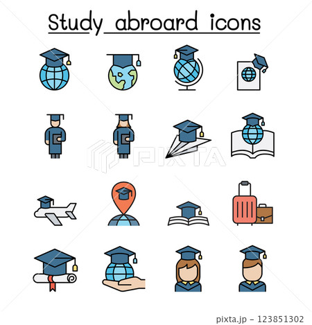 Study abroad and Graduation icon set in colorline style Study abroad and Graduation icon set in colorline style 123851302