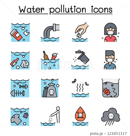 Water pollution, Contaminate, dirty icon set in colorline style Water pollution, Contaminate, dirty icon set in colorline style 123851317