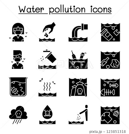 Water pollution, Contaminate, dirty icon set in glyph style Water pollution, Contaminate, dirty icon set in glyph style 123851318