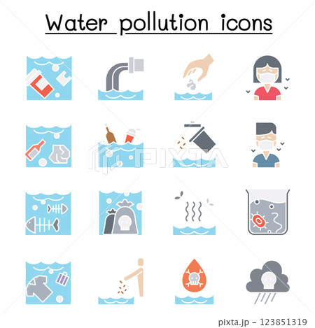 Water pollution, Contaminate, dirty icon set in flat color style 123851319