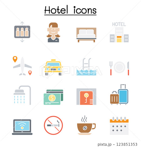 Hotel icon set in flat color style Hotel icon set in flat color style 123851353