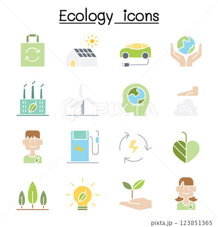 Ecology, Sustainable design, conservation, eco friendly design icon set in flat color style Ecology, Sustainable design, conservation, eco friendly design icon set in flat color style 123851365