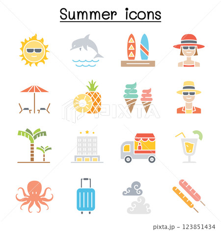 Summer icon set in flat color style 123851434