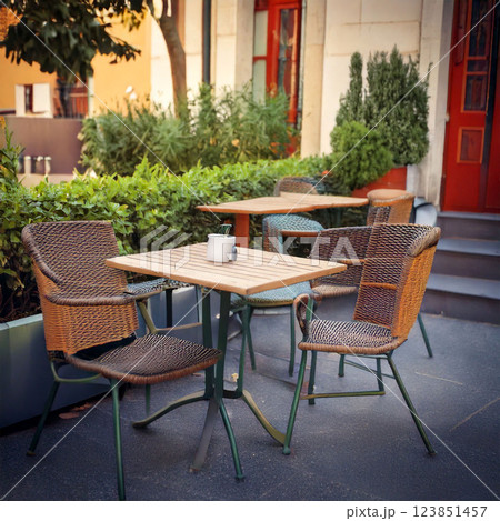 cafe terrace, outdoor seating, rooftop cafe, garden cafe, balcony seating, window seat, open-air cafe, sunny seat, scenic view seat, comfortable seat, cozy cafe, aesthetic cafe, healing space, coffee  123851457