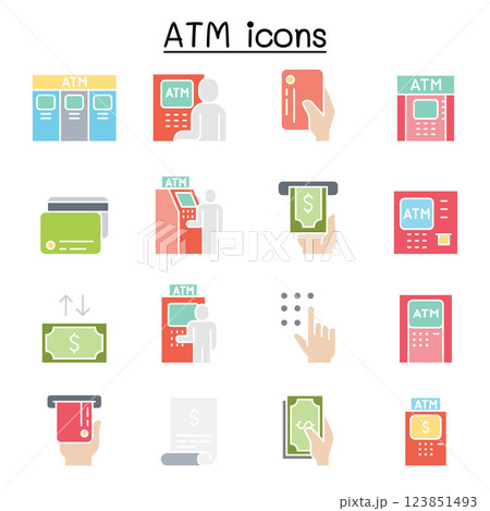 ATM icon set in flat color style ATM icon set in flat color style 123851493