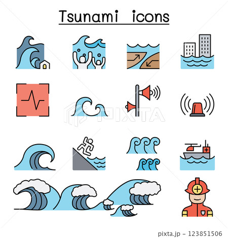 Tsunami and Storm icon set in colorline style 123851506