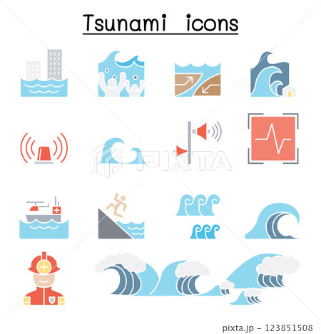 Tsunami and Storm icon set in flat color style 123851508